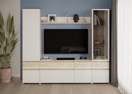 БОСТОН Стенка НМ-002 Корпус - Дуб Крафт серый  Фасад ЛДСП - Кашемир 2,75 / Дуб Крафт серый