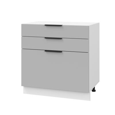 Шкаф нижний с ящиками ШН3Я 800 Корпус: ЛДСП белый 16мм; фасад: фрезеровка Оливия, ЛДСП серый софт 16 мм
