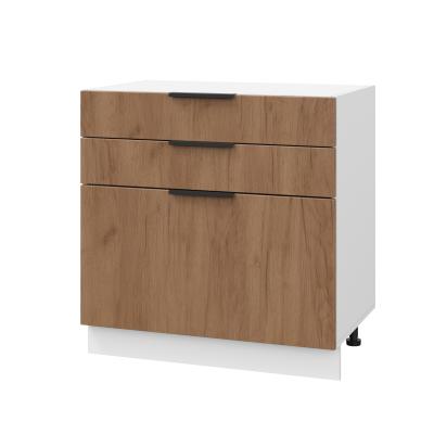 Шкаф нижний с ящиками ШН3Я 800 Корпус: ЛДСП белый 16мм; фасад: фрезеровка Оливия, ЛДСП дуб крафт табачный 16 мм