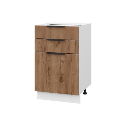 Шкаф нижний с ящиками ШН3Я 500 Корпус: ЛДСП белый 16мм; фасад: фрезеровка Оливия, ЛДСП дуб крафт табачный 16 мм