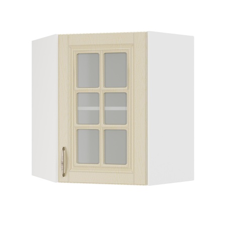 Шкаф верхний угловой со стеклом ШВУС 600 Корпус: ЛДСП белый 16мм; фасад: фрезеровка Лондон, МДФ дуб крем 16мм