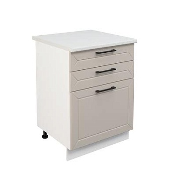 Шкаф нижний с ящиками ШН3Я 600 Корпус: ЛДСП белый 16мм; фасад: фрезеровка Кельн, МДФ софт бланж 16мм