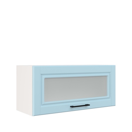 Шкаф верхний горизонтальный со стеклом ШВГС 800 Корпус: ЛДСП белый 16мм; фасад: фрезеровка Барселона, МДФ голубой тик 16мм
