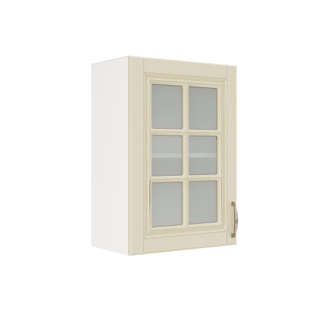 Шкаф верхний со стеклом ШВС 500 Корпус: ЛДСП белый 16мм; фасад: фрезеровка Лондон, МДФ дуб крем 16мм