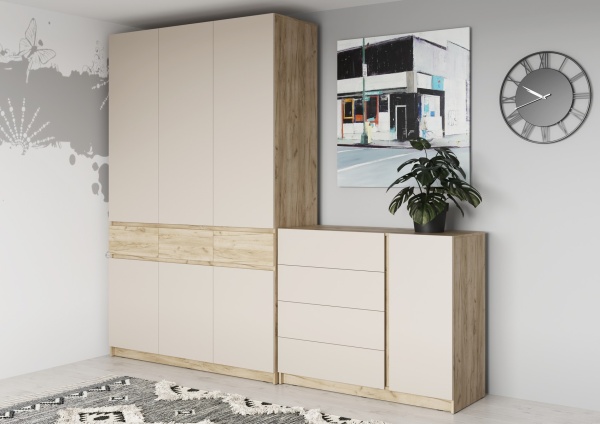 БОСТОН Комод КМ-001 (ЛДСП Комплект) Корпус - Дуб Крафт серый  Фасад ЛДСП - Кашемир 5981 BS