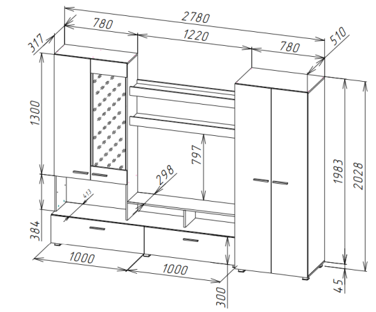 КАМИЛА Стенка гостиная МДФ(Комплект) Корпус - Венге  Фасад МДФ - глянцевая Белый