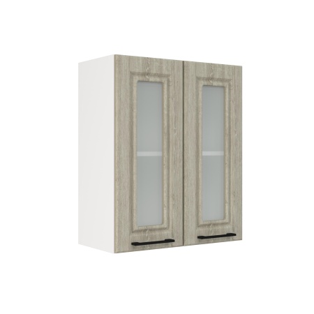 Шкаф верхний со стеклом ШВС 600 Корпус: ЛДСП белый 16мм; фасад: фрезеровка Барселона, МДФ седой клен 16мм