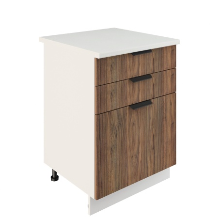 Шкаф нижний с ящиками ШН3Я 600 Корпус: ЛДСП белый 16мм; фасад: фрезеровка Норд, МДФ орех канадский 16 мм
