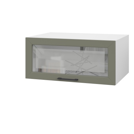 Шкаф верхний со стеклом антресоль ШВСА 800 Корпус: ЛДСП белый 16мм; фасад: фрезеровка Кельн, МДФ софт лайт хаки 16 мм