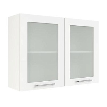 Шкаф верхний со стеклом ШВС 1000 Корпус: ЛДСП белый 16мм; фасад: фрезеровка Олива, МДФ глянец белый 16мм