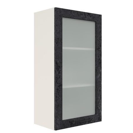 Шкаф верхний со стеклом (премьер) ШВС 500Н Корпус: ЛДСП белый 16мм; фасад: фрезеровка Нувель, МДФ бетон черный 16мм