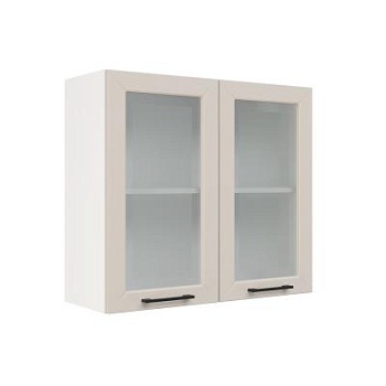 Шкаф верхний со стеклом ШВС 800 Корпус: ЛДСП белый 16мм; фасад: фрезеровка Кельн, МДФ софт бланж 16мм