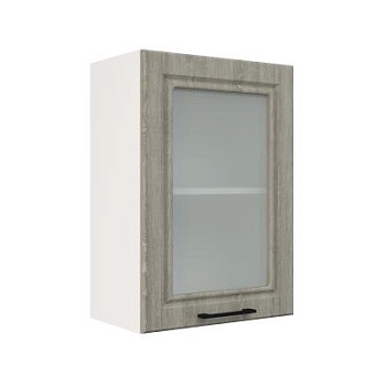 Шкаф верхний со стеклом ШВС 500 Корпус: ЛДСП белый 16мм; фасад: фрезеровка Барселона, МДФ седой клен 16мм