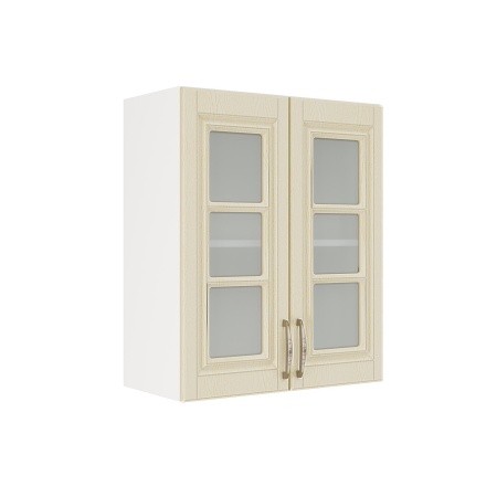 Шкаф верхний со стеклом ШВС 600 Корпус: ЛДСП белый 16мм; фасад: фрезеровка Лондон, МДФ дуб крем 16мм