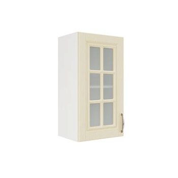 Шкаф верхний со стеклом ШВС 400 Корпус: ЛДСП белый 16мм; фасад: фрезеровка Лондон, МДФ дуб крем 16мм