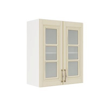 Шкаф верхний со стеклом ШВС 600 Корпус: ЛДСП белый 16мм; фасад: фрезеровка Лондон, МДФ дуб крем 16мм