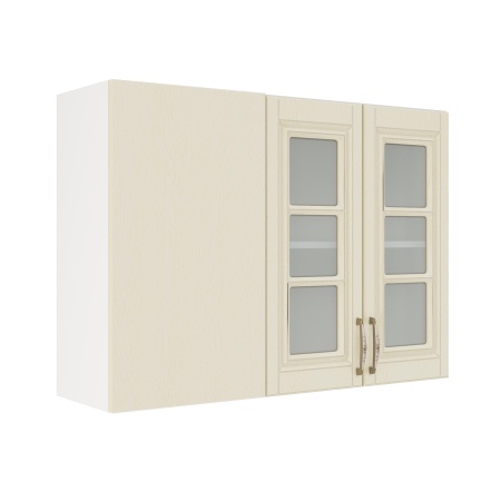 Шкаф верхний угловой со стеклом ШВУПС 1000 Корпус: ЛДСП белый 16мм; фасад: фрезеровка Лондон, МДФ дуб крем 16мм