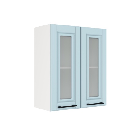 Шкаф верхний со стеклом ШВС 600 Корпус: ЛДСП белый 16мм; фасад: фрезеровка Барселона, МДФ голубой тик 16мм