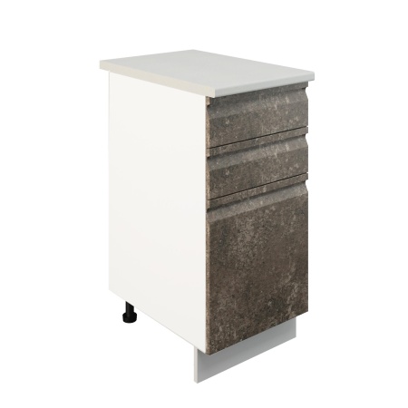 Шкаф нижний с ящиками ШН3Я 400 Корпус: ЛДСП белый 16мм; фасад: фрезеровка Бруклин, МДФ бетон коричневый 16мм