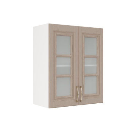 Шкаф верхний со стеклом ШВС 600 Корпус: ЛДСП белый 16мм; фасад: фрезеровка Лондон, МДФ дуб капучино 16мм
