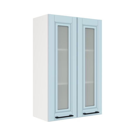 Шкаф верхний со стеклом (премьер) ШВС 600Н Корпус: ЛДСП белый 16мм; фасад: фрезеровка Барселона, МДФ голубой тик 16мм