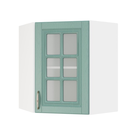 Шкаф верхний угловой со стеклом ШВУС 600 Корпус: ЛДСП белый 16мм; фасад: фрезеровка Лондон, МДФ дуб изумруд 16мм