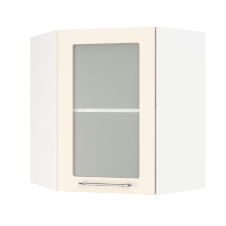 Шкаф верхний угловой со стеклом ШВУС 600 Корпус: ЛДСП белый 16мм; фасад: фрезеровка Олива, МДФ глянец ваниль 16мм