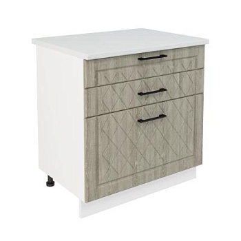 Шкаф нижний с ящиками ШН3Я 800 Корпус: ЛДСП белый 16мм; фасад: фрезеровка Барселона, МДФ седой клен 16мм