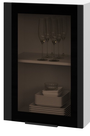 Шкаф верхний со стеклом ШВС 500 Корпус: ЛДСП белый 16мм; фасад: фрезеровка Оливия, МДФ Оливия_софт черный 16 мм