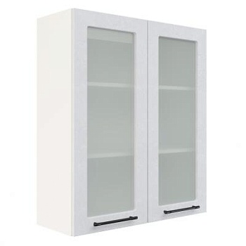 Шкаф верхний со стеклом (премьер) ШВС 800Н Корпус: ЛДСП белый 16мм; фасад: фрезеровка Нувель, МДФ бетон белый 16мм