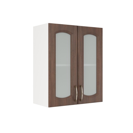 Шкаф верхний со стеклом ШВС 600 Корпус: ЛДСП белый 16мм; фасад: фрезеровка Гренада, МДФ бразильский орех 16мм