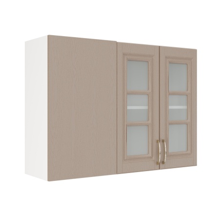 Шкаф верхний угловой со стеклом ШВУПС 1000 Корпус: ЛДСП белый 16мм; фасад: фрезеровка Лондон, МДФ дуб капучино 16мм