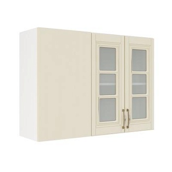 Шкаф верхний угловой со стеклом ШВУПС 1000 Корпус: ЛДСП белый 16мм; фасад: фрезеровка Лондон, МДФ дуб крем 16мм