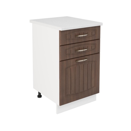 Шкаф нижний с ящиками ШН3Я 500 Корпус: ЛДСП белый 16мм; фасад: фрезеровка Гренада, МДФ бразильский орех 16мм