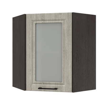 Шкаф верхний угловой со стеклом ШВУС 600 Корпус: ЛДСП венге 16мм; фасад: фрезеровка Барселона, МДФ седой клен 16мм