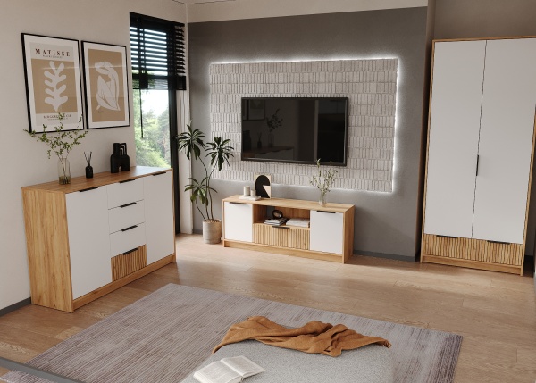 ИВИС Комод КМ-002 Корпус - Дуб Крафт золотой К003  Фасад ЛДСП - Белый (Гладкий)