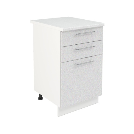 Шкаф нижний с ящиками ШН3Я 500 Корпус: ЛДСП белый 16мм; фасад: фрезеровка Олива, МДФ металлик белый 16мм