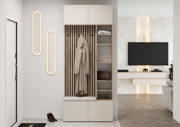 БОХО Прихожая НМ-2 Loft 000_Бежевый велюр Корпус - Дуб Крафт серый  Фасад ЛДСП - Кашемир 5981 BS