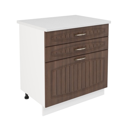 Шкаф нижний с ящиками ШН3Я 800 Корпус: ЛДСП белый 16мм; фасад: фрезеровка Гренада, МДФ бразильский орех 16мм