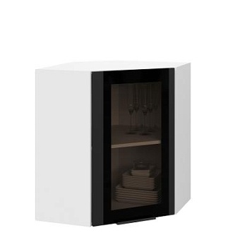 Шкаф верхний угловой со стеклом ШВУС 600 Корпус: ЛДСП белый 16мм; фасад: фрезеровка Оливия, МДФ Оливия_софт черный 16 мм