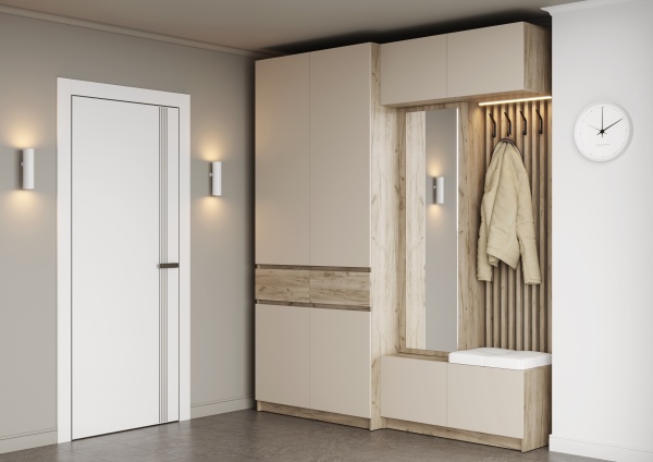 БОСТОН прихожая ЛДСП (Комплект) Корпус - Дуб Крафт серый  Фасад ЛДСП - Кашемир 5981 BS Кожзам.- Ecotex 3002 (Белая)