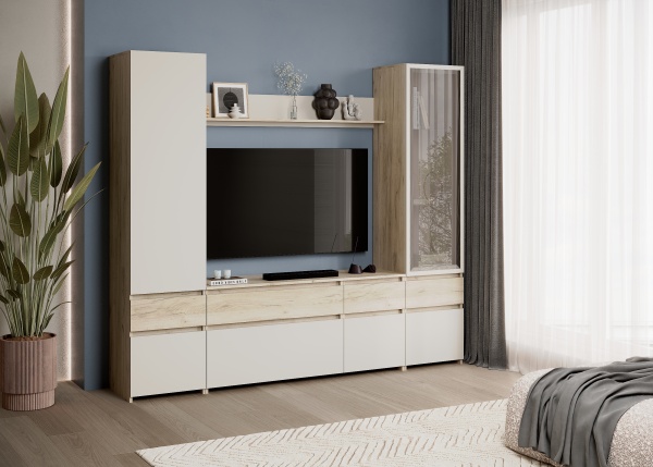 БОСТОН Стенка НМ-002 Корпус - Дуб Крафт серый  Фасад ЛДСП - Кашемир 2,75 / Дуб Крафт серый