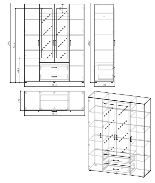 ЭВА Шкаф 4х створчатый ШК-020 Белый / Белый