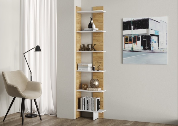 Стеллаж №6 (Угловой) Корпус - Белый (Гладкий)  Фасад ЛДСП - Дуб Крафт золотой