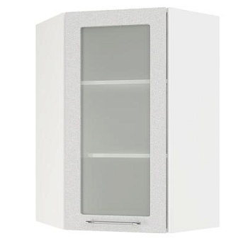 Шкаф верхний угловой (премьер)  ШВУС 600Н Корпус: ЛДСП белый 16мм; фасад: фрезеровка Олива, МДФ металлик белый 16мм