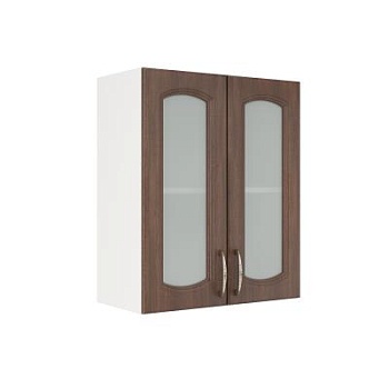 Шкаф верхний со стеклом ШВС 600 Корпус: ЛДСП белый 16мм; фасад: фрезеровка Гренада, МДФ бразильский орех 16мм