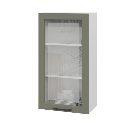 Шкаф верхний со стеклом (премьер) ШВС 500Н Корпус: ЛДСП белый 16мм; фасад: фрезеровка Кельн, МДФ софт лайт хаки 16 мм
