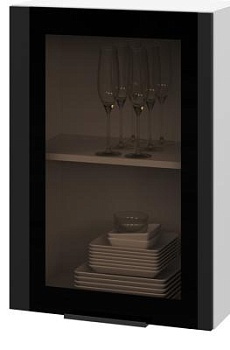 Шкаф верхний со стеклом ШВС 500 Корпус: ЛДСП белый 16мм; фасад: фрезеровка Оливия, МДФ Оливия_софт черный 16 мм