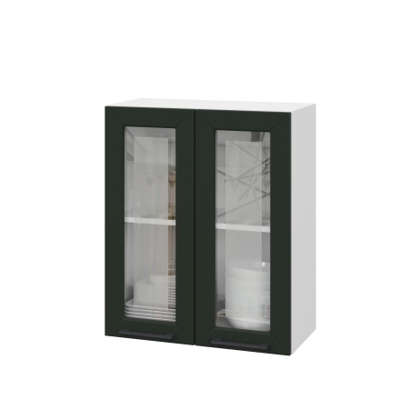 Шкаф верхний со стеклом ШВС 600 Корпус: ЛДСП белый 16мм; фасад: фрезеровка Кельн, МДФ софт пихтовый зеленый 16 мм