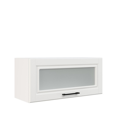 Шкаф верхний горизонтальный со стеклом ШВГС 800 Корпус: ЛДСП белый 16мм; фасад: фрезеровка Барселона, МДФ белое дерево 16мм